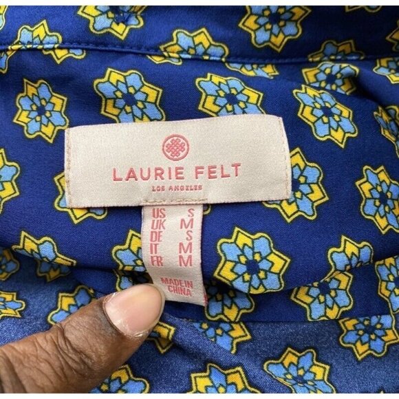 Laurie Felt Womens Button Front Shirt Blue Green Floral Neck Tie Blouse S New - Picture 6 of 9